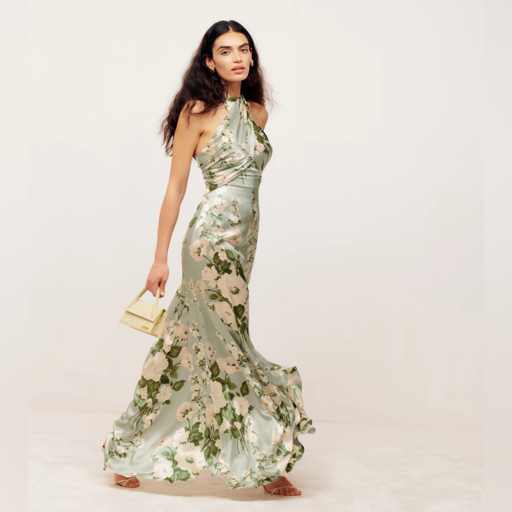 Nwot- Reformation Petites Veria Silk Dress In Tarragon Print